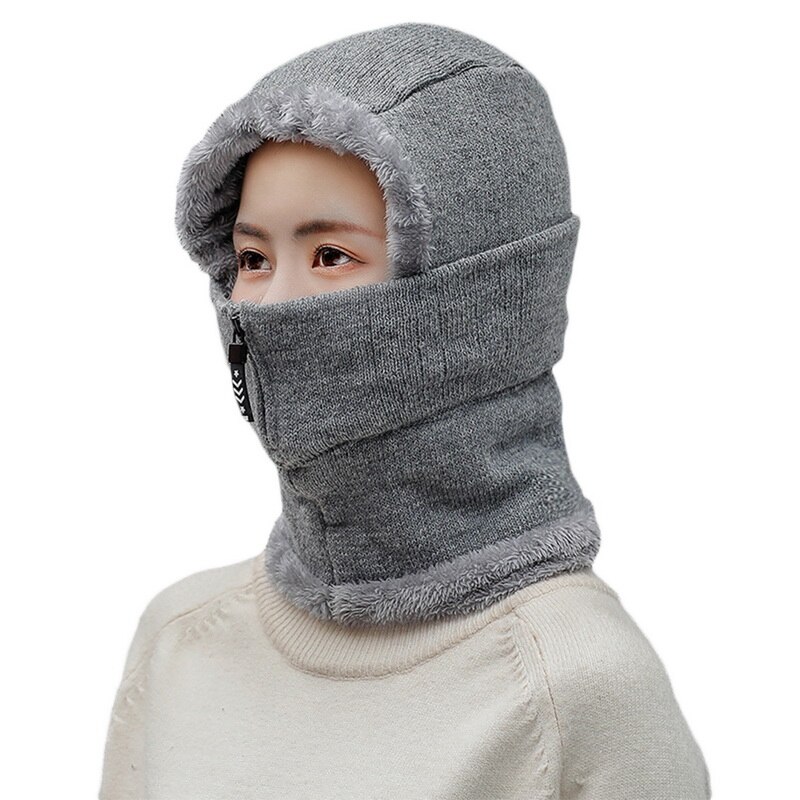 Dames winter warme wollen muts met fluweel dames warme wollen muts met bib masker en oorbescherming stofdichte fietsmutsen: Grijs