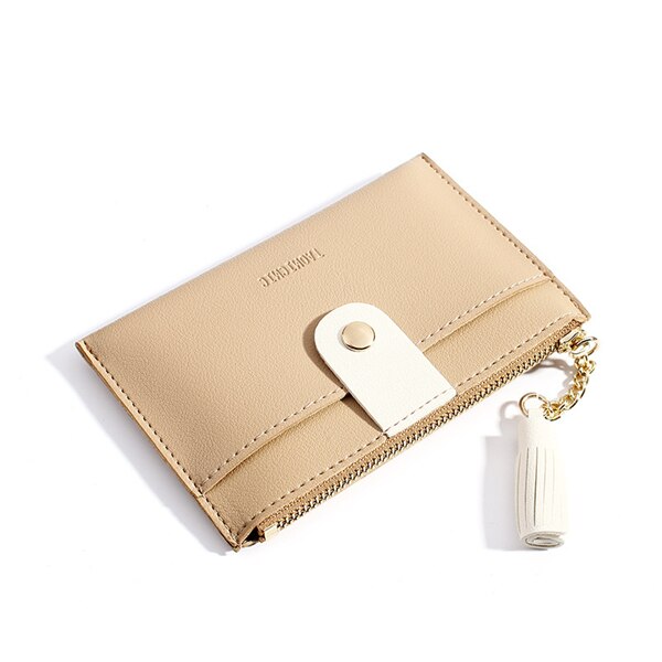 PURDORED 1 Pc Women Tassel Card Holder Wallet Small Credit Card Case PU Female Minimalist Zipper Mini Coin Purse Wallet: beige