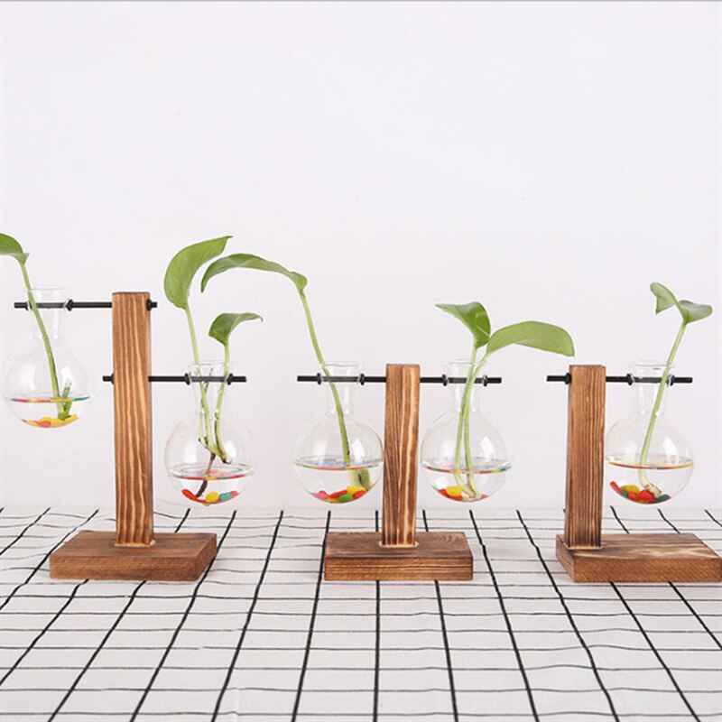 Jarrones hidropónicos de terrario para plantas, maceta Vintage, jarrón transparente, marco de madera, mesa de cristal, plantas, bonsái para el hogar