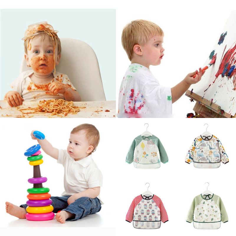 1 Pc Waterdichte Baby Kid Schort Peuter Cartoon Lange Mouwen Art Voeden Bib Burp Doek