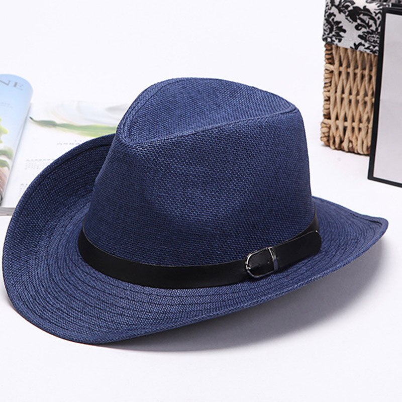 Men Straw Cowboy Hat Classic Western Cowboy Sun Hats for Summer Beach -OPK: Navy Blue