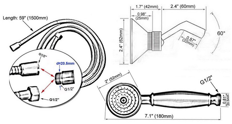 Antique Brass Hand Held Shower Head Wall Holder Bracket 1.5M Hose Set Water Saving Bathroom Handheld Sprayer ahh120