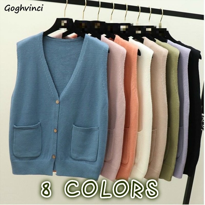 Swetry kamizelki damskie solidne pojedyncze piersiowe luźne studenci kolorowe kieszenie koreańskie kobiece modne bez rękawów eleganckie wszystkie mecze nowe ins