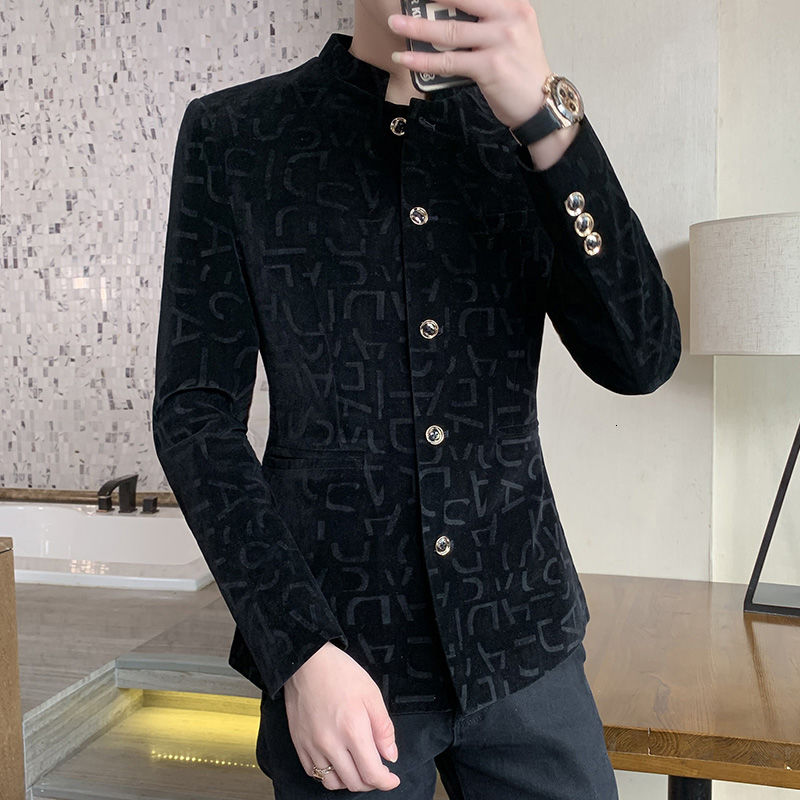 Stativ i kinesisk stil röd sammet kavaj herr mjuk slim fit kostym kavaj kavaj herr bankett fest herr kavaj hombre: Svart / M
