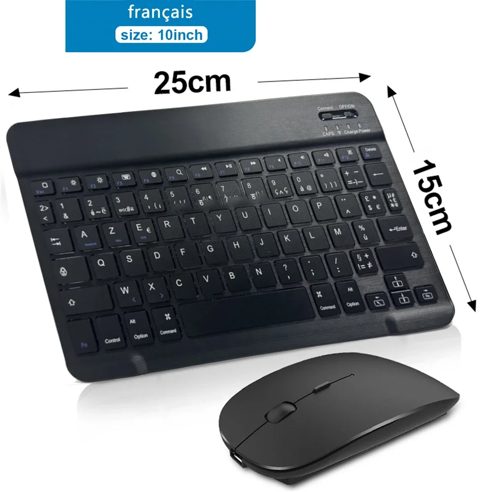Teclado inalámbrico recargable con Bluetooth de 7/10 pulgadas para teléfonos móviles, tableta, ruso, español, francés, AZERT, Android, ios y Windows