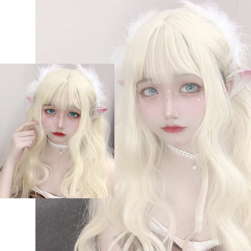 MEIFAN Long Curly Lolita Wigs with Bangs Blonde Harajuku Cosplay Wig Heat Resistant Synthetic Costume Daily Hair Party