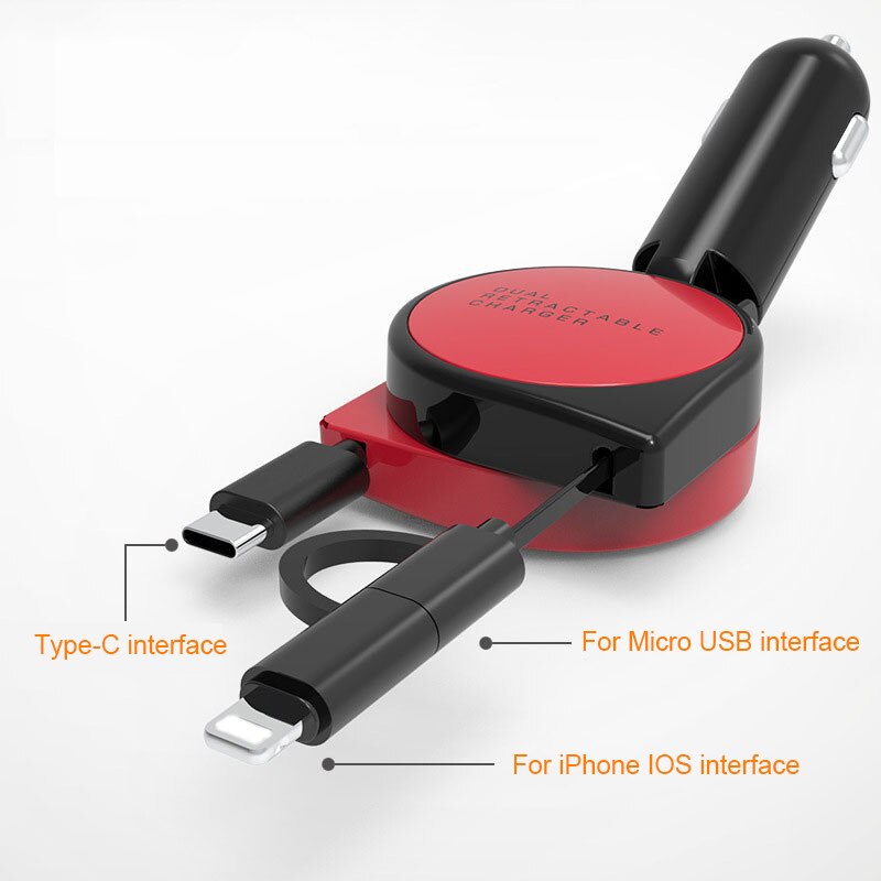 Nuovo 3-in-1 caricatore per auto retrattile a tiraggio singolo adattatore per ricarica rapida accendisigari per iphone porta androide di tipo C: rosso