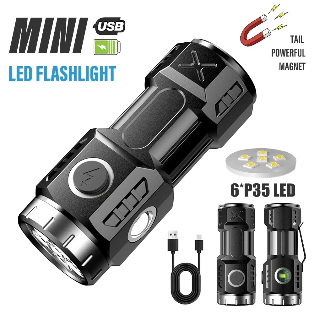 Hochwertige 4/6/8*P35 LED-Taschenlampe, superhell, Mini-Taschenlampe, USB wiederaufladbar, mit Schwanzmagnet, Notfall-Erkundungslampe für Höhle Außenbereich