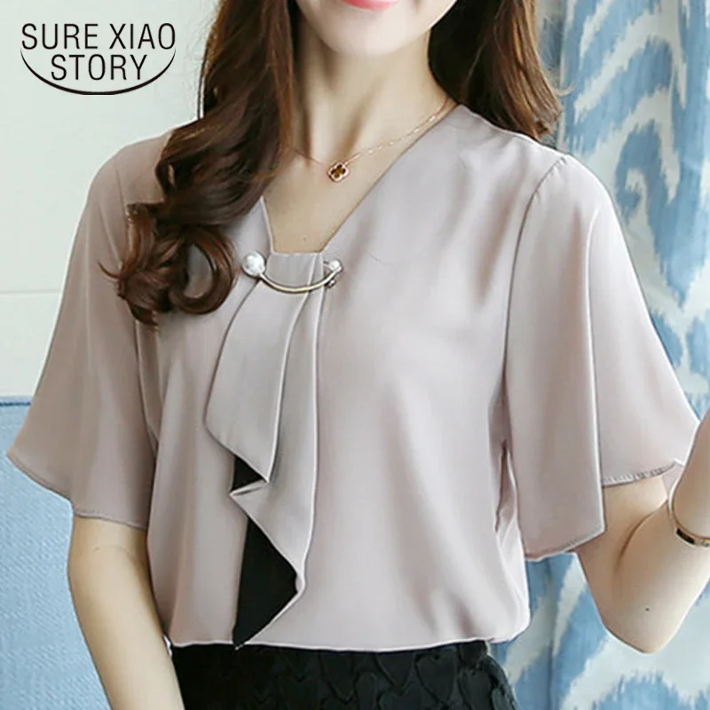 Nova primavera moda chiffon camisa feminina blusa de manga curta plus size roupas femininas solto arco pescoço blusas d560 50: XXXL / Khaki