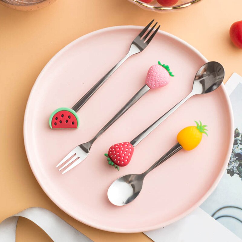 1 Pcs Stainless Steel Cute Fruit Shaped Coffee Spoons Fruit Dessert Spoon Fork Candy Tea Spoon Drink Tableware Kitchen Supplies