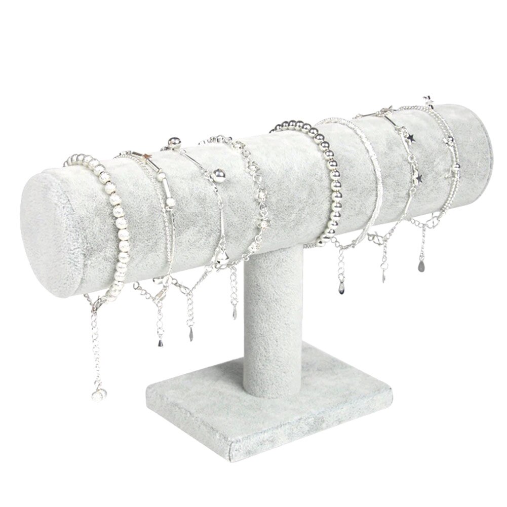 Portable Velvet/PU Leather Bracelet Bangle Necklace Display Stand Holder Watch Jewelry Organizer T-Bar Rack Health99: grey velvet