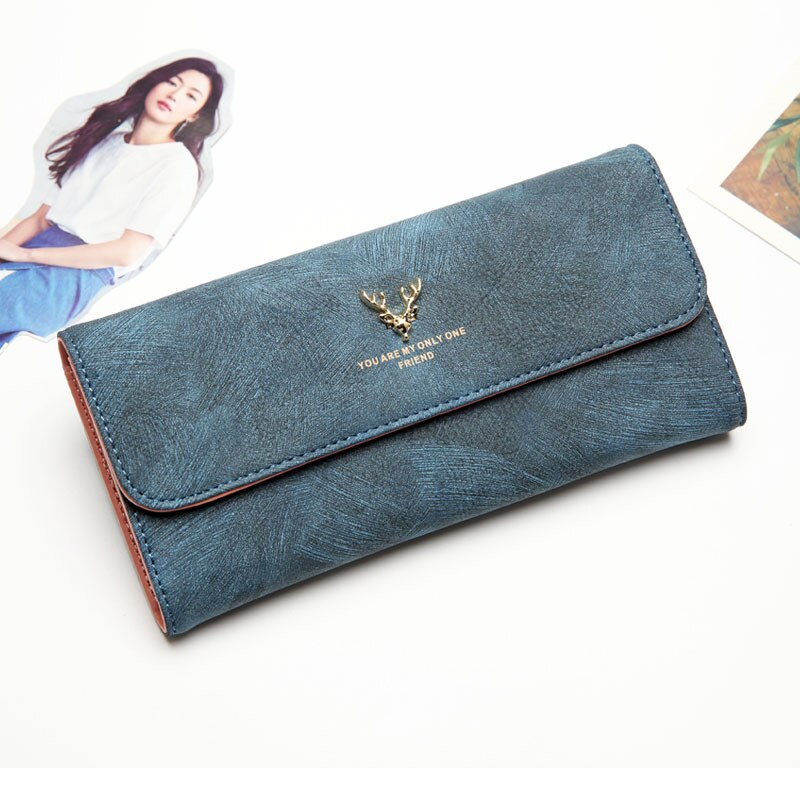 Cartera para mujer, bolso largo de piel con cuernos, monedero para mujer, bolso de mano para teléfono, cartera para mujer, tarjetero, Bolsa Vintage femenina: Blue