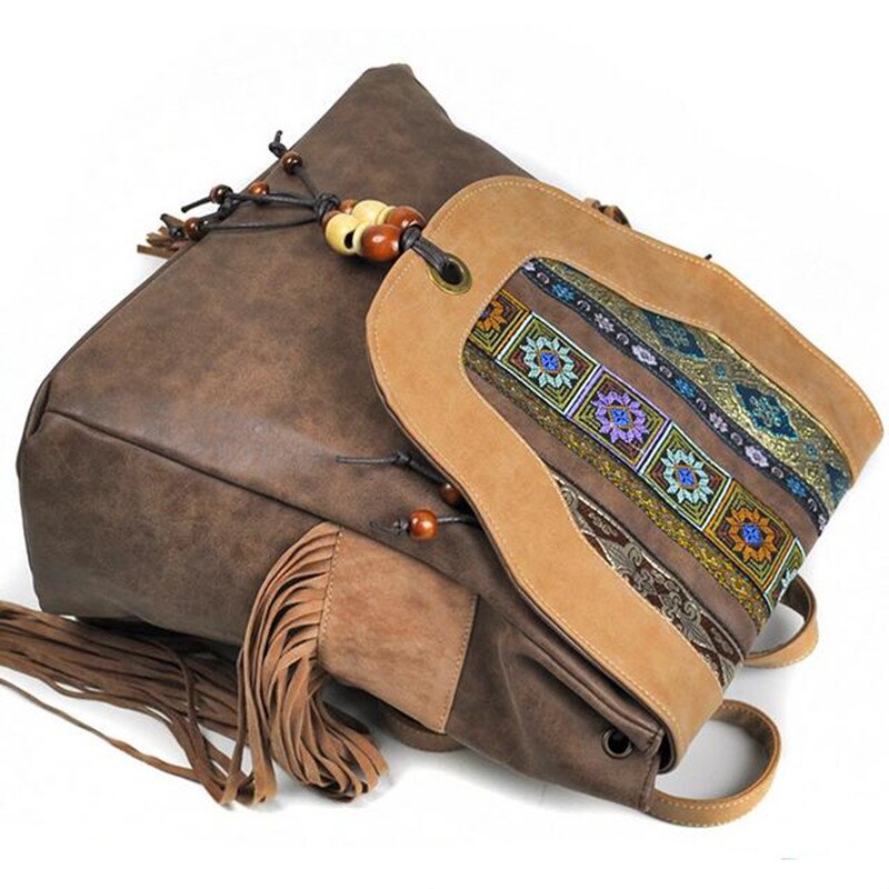 Etnische Borduurwerk Pu Flap Rugzak Voor Vrouwen Fringe Kralen Vintage Schooltassen Vrouw Daily Rugzakken Reistas Retro Rugzakken