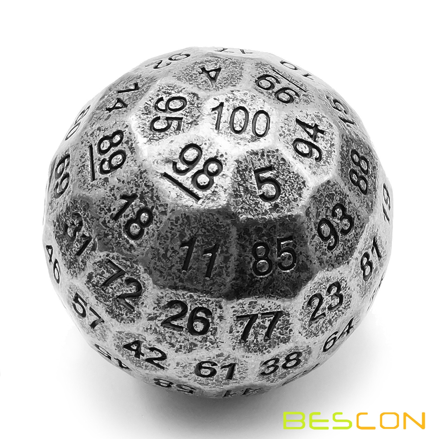 Bescon Solide Metalen 100 Zijdige Dobbelstenen, Spel Dobbelstenen D100, giant Polyhedral Metalen 100 Zijden Dobbelstenen 50Mm In Diameter (1.97in), Oude Zilveren