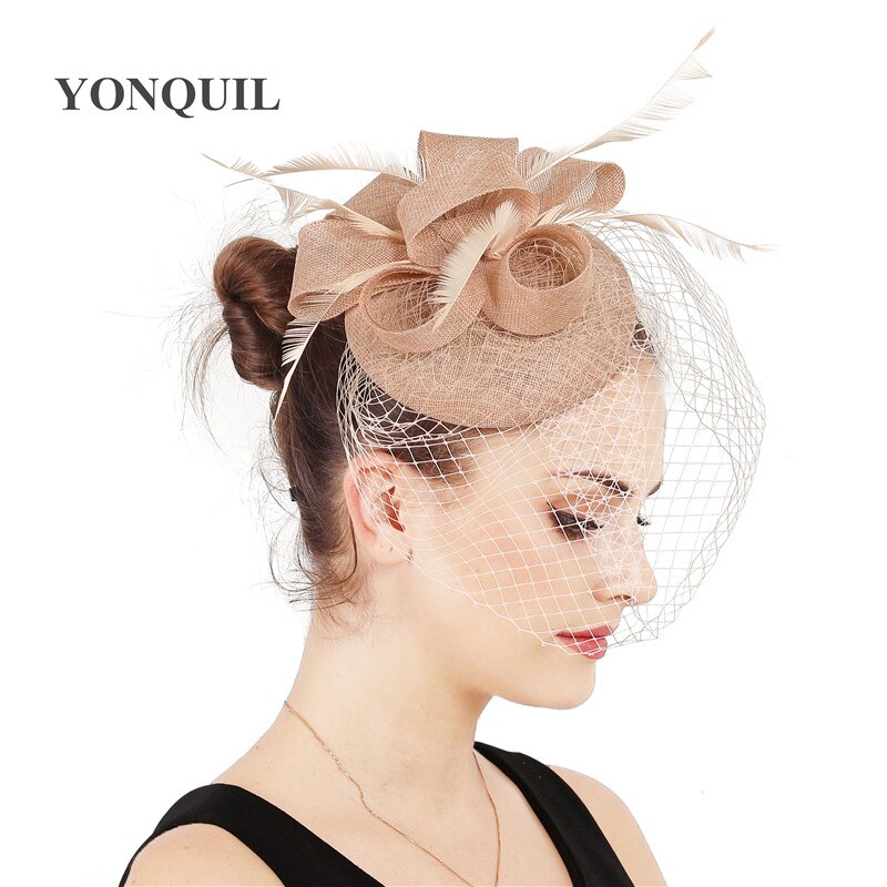 Bruid Bruiloft Witte Hoofddeksel Elegante Dames Mariage Mesh Tovenaar Hoed Fancy Veils Chapeau Cap Mode Kerk Hoofddeksels Womens: champagne