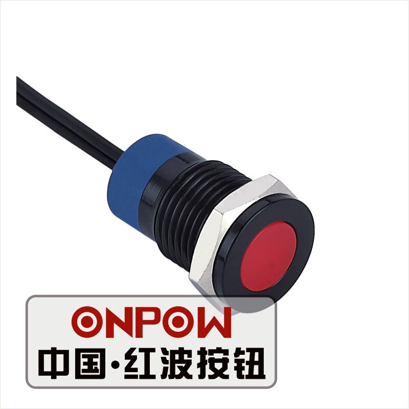 ONPOW 12mm Platte Dot LED Zwart Signaal lamp, lampje, metalen lampje (GQ12T-D/R/6 V/A-Y) CE, RoHS