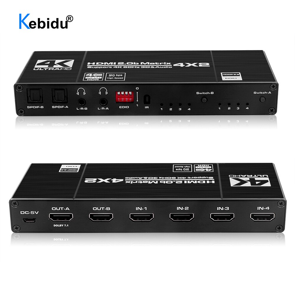 KEBIDU-conmutador Matrix divisor 4K @ 60Hz, HDMI, compatible con SPDIF y L/R, interruptor HDR de 3,5mm, 4x2, compatible con HDCP 2,2, 3D