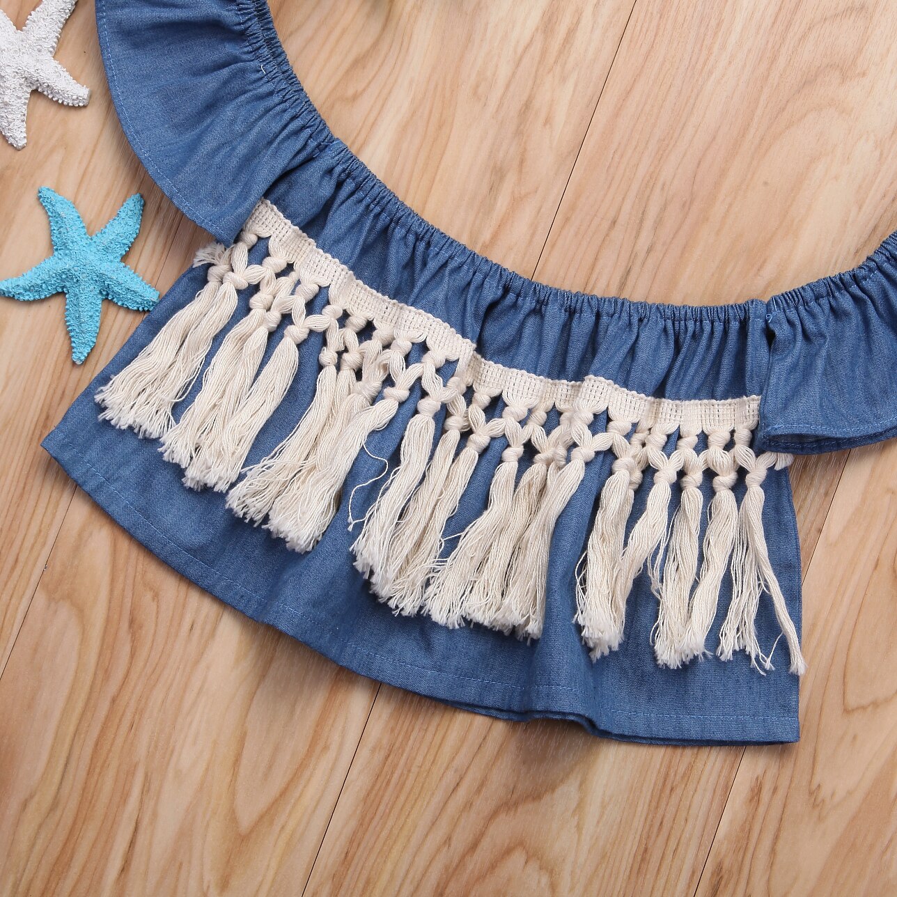 Infant Toddler Baby Girl Summer Denim Off Shoulder Tops Shirt Summer Sunsuit Tassel Tops 0-24M