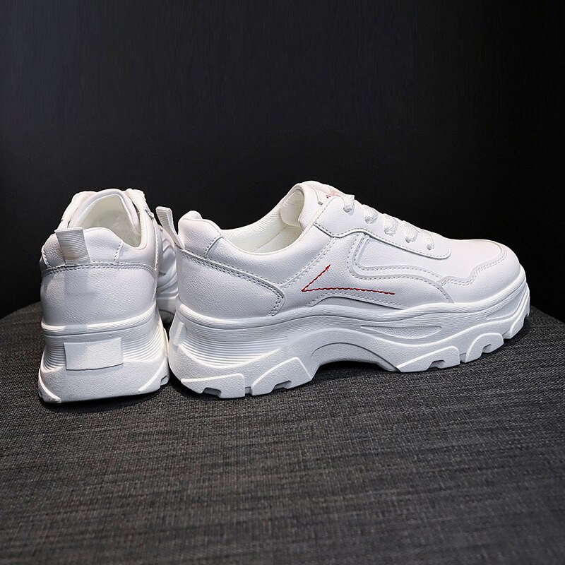 Chunky Sneakers Women Shoes Woman Flats Lace Up Thick Bottom High Heels Platform Students White Casual Shoes Plus Size: White / 9