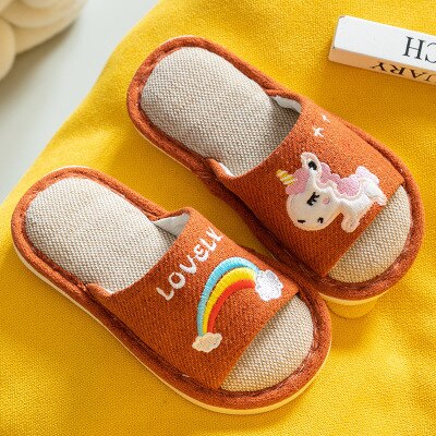 nouveaux enfants pantoufles garçon fille lin chambre tongs licorne chaussures coton pantoufles enfants hiver bébé dessin animé maison chaussures: Caramel color / 22