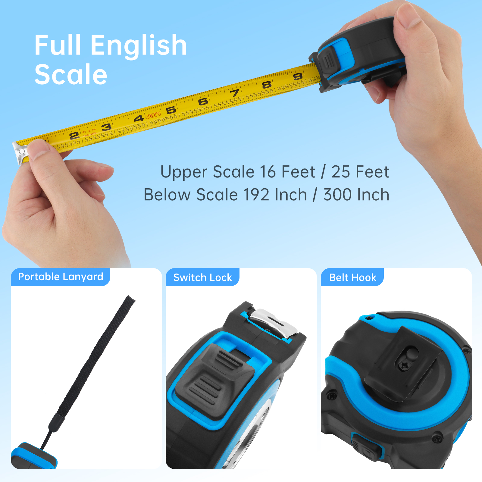 1/8 inch Retractable Tape Measure Fraction Markings Full Imperial Scale Self Locking Measuring Tape Ruler Precision