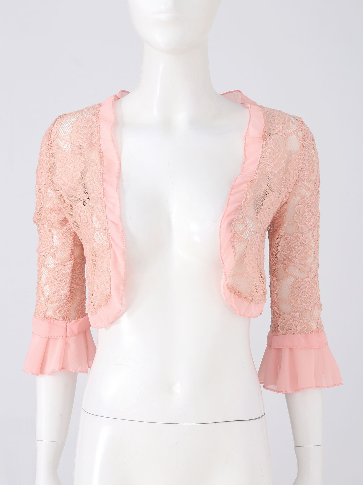 Chales elegantes de media manga para mujer, Bolero de encaje Floral con volantes, cárdigan frontal abierto, Tops, chal de boda para mujer: Pink / S