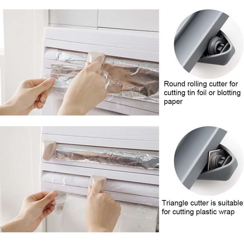 Multifunctional Storage Rack Paper Rack Kitchen Film Fresh-keeping Box 4 In 1 Wall-mounted Storage Box With Cutter Foil Rack