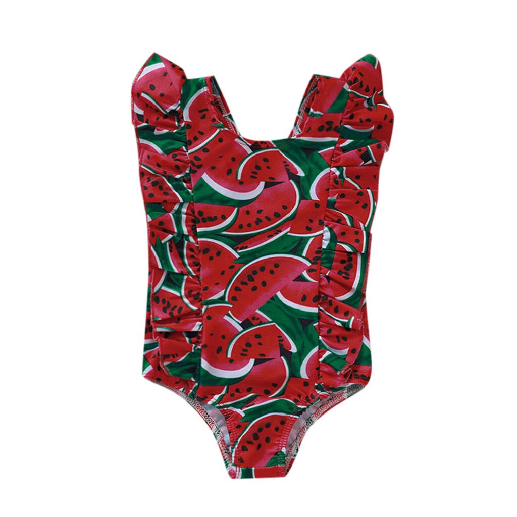 Children's flying sleeve swimsuit frilly fruit watermelon print one-piece swimsuit baby girl swimsuit beachwear купальник X*: 3-4 Years