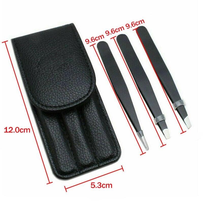 Set van 3 wenkbrauwpincetten, roestvrij staal, puntig, schuin haar, make-upclips, gereedschap, etui, puntig, plat, verwijdering met punt, wenkbrauw, oog