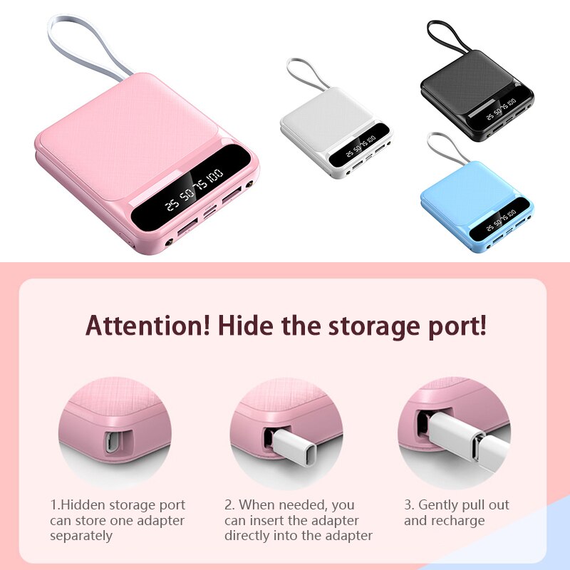 Mini Power Bank 20000Mah Ingebouwde Kabel Voor Android Ios Type-C Adapter Led Zaklamp Met Digitale Display draagbare Powerbank