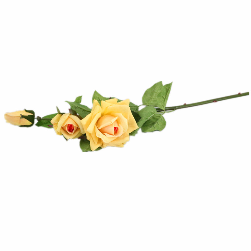 Flone Artificial Flowers 3 Heads Rose latex real touch Floral Simulation Flower Branch Wedding Party Home Dining Room Decoration: yellow