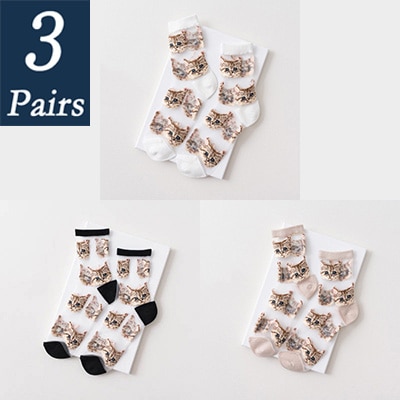 3 par kvinnor och #39 sommar genomskinliga nätstrumpor tecknad söt kattstrumpa bomull glasfilament tunna damstrumpor som andas: 12