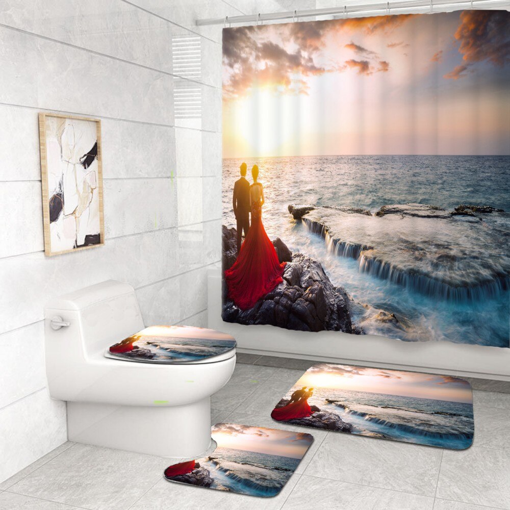 4 Piece Tropical Beach Bathroom Set Seaside Scenic Area Sunset Print Waterproof Shower Curtain Bath Rug Mats Set Toilet Cover: color-5