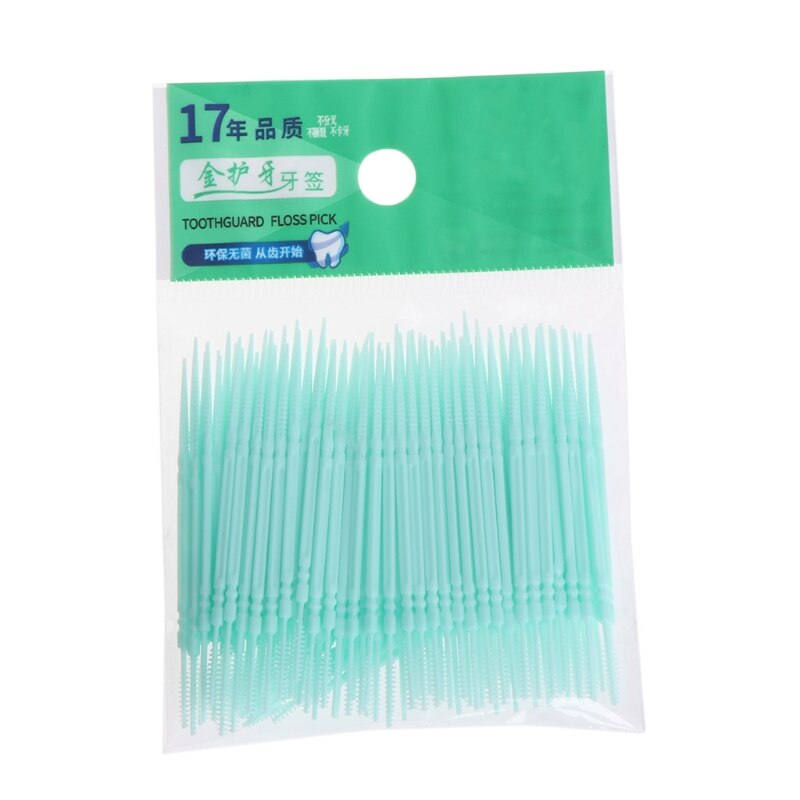 100Pcs/Lot Soft Plastic Double-headed Brush Stick Floss Pick Toothpick Oral Care: Green