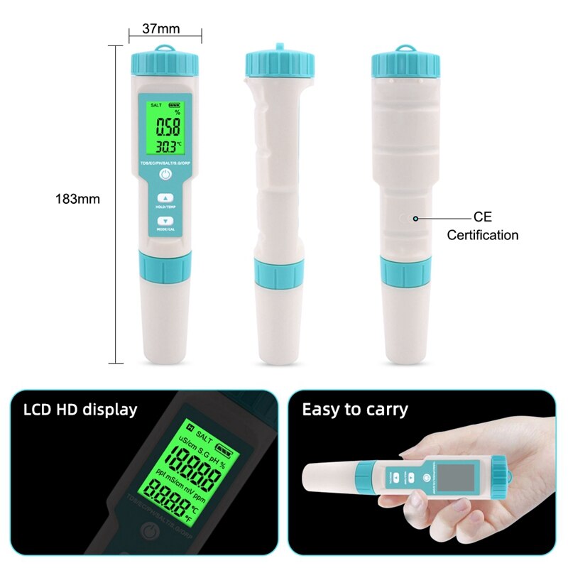 Testeur De Qualité D'Eau Numérique 5-en-1 - TDS, EC, Salinité, S.G., Température | Pour Piscines, Aquariums, Eau Potable