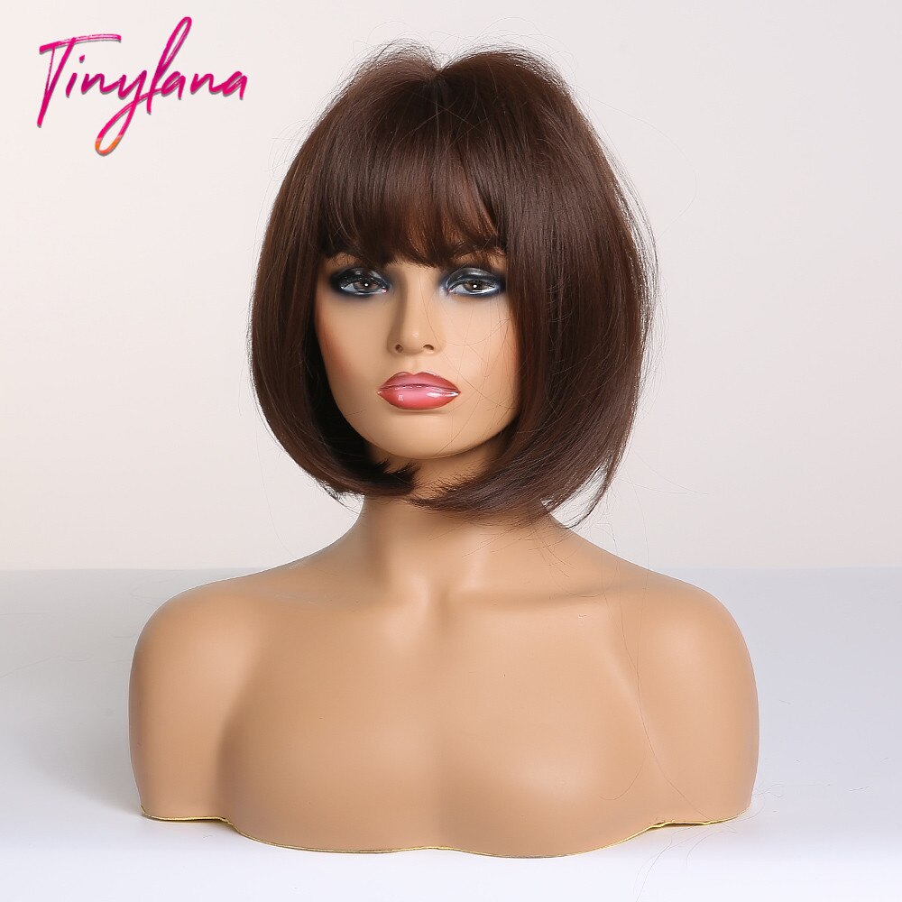 TINY-pelucas sintéticas de LANA recto oscuro para mujer, con flequillo, peluca de Bob corto, pelo Bobo resistente al calor, para Cosplay