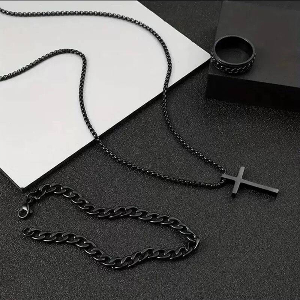 3 piezas hombres personalidad Simple negro acero inoxidable no se decolora Cruz collar anillo pulsera conjunto Accesorios