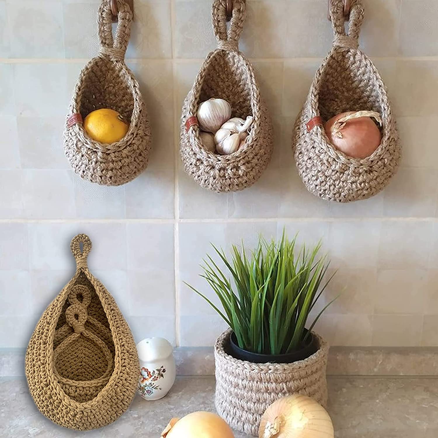 Woven Storage Baskets Wall Hanging Vegetable Fruit Rope Rattan Basket Kitchen Table Wall Hanging Storage Organizer Flower Vase