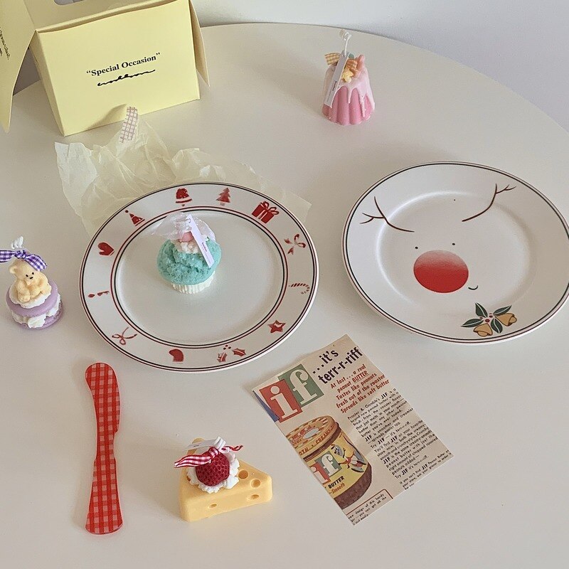 Korean Style Christmas Cartoon Gingerbread Man Ceramic Plate Candy Red Lace Cake Dessert Plate Charger Plates
