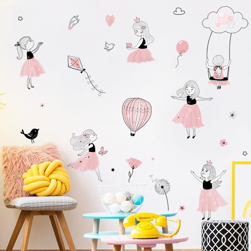 Pink Princess Playing Wall Stickers Cartoon Girl Vinyl Wall Decals for Children Baby Room Bedroom Decoration Girl Stickers Mural