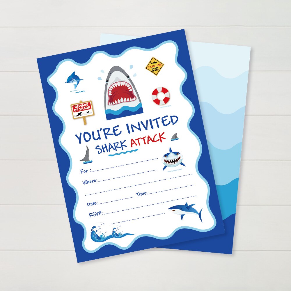 Cartoon Shark Birthday Party Invitations Cards Blue Sea Theme Invitation Kids Happy Birthday Party Favor Decorations ZZ008