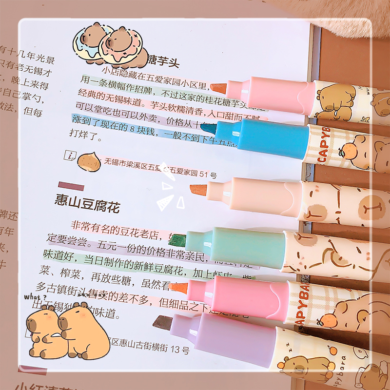 Suministros de papelería kawaii, accesorios escolares, bolígrafos bonitos para dibujar, marcadores de colores, rotuladores resaltadores de capibara, papelería estética