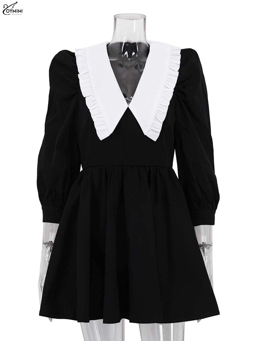 Oymimi Elegantes schwarzes Patchwork-Damenkleid, lässiges Peter-Pfanne-Kragen-Kleid mit drei Viertelärmeln, modische plissierte Minikleider