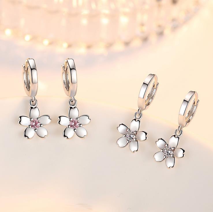 Pendientes de plata de primera ley con forma de flor de cerezo para mujer, aretes pequeños, plata esterlina 925, Circonia cúbica, zirconia, circonita, zirconita, color blanco, rosa