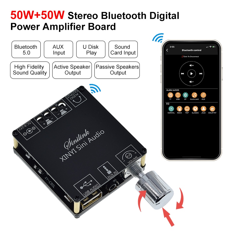 2*50W Wzmacniacz mocy Bluetooth 5.0 Klasy D Audio 10W~100W HiFi Stereo Bezprzewodowy odtwarzacz muzyczny Mini USB Karta dźwiękowa Aplikacja Cyfrowy AMP