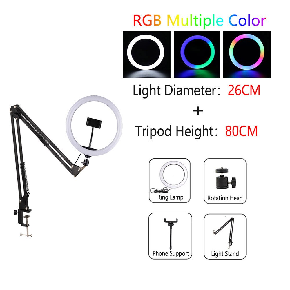 Dimmable LED Ring Light with Tripod USB Ring Lamp Photography Selfie Light Ring Tripod with Lamp Ringlight Ring Light Tripod wit: RLamp002-26RGB-T80
