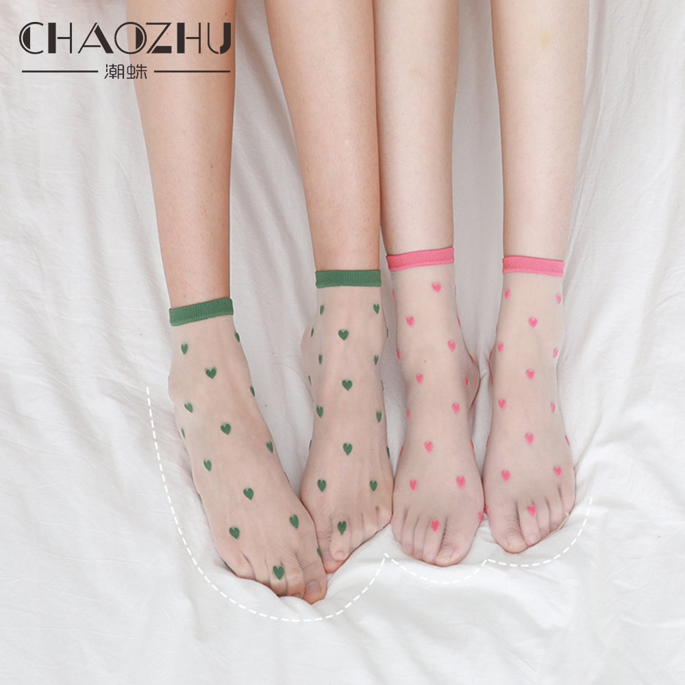 CHAOZHU Love Small Icon Kawaii Japanese Korea Sweet Hearts Sheer Transparent Socks Women Girls Summer Spring Street Shot