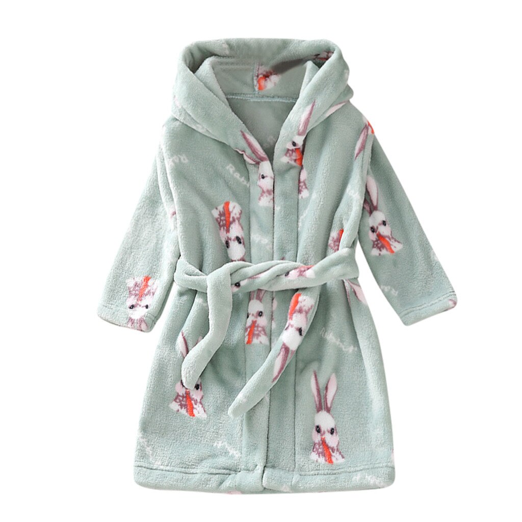 Winter Children Fleece Pajamas Warm Flannel Sleepwear Boy Girl Cartoon Hooded Bathrobe Towel Night-Gown Sleepwear Homewear 3-8Y: GN / 120