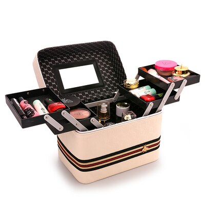 Kvinder stor kapacitet makeup arrangør toiletartikler kosmetik taske flerlags opbevaringsboks bærbar smuk kuffert: 4