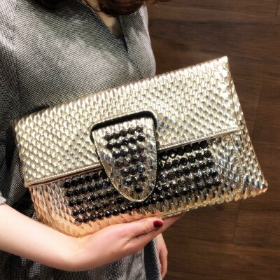 Xmessun Opvouwbare Clutch Bag Vrouwen Mode Envelop Party Clutch Diamant Klinknagel Schouder Crossbody Polsbandje Party Pouch Purse: Gold